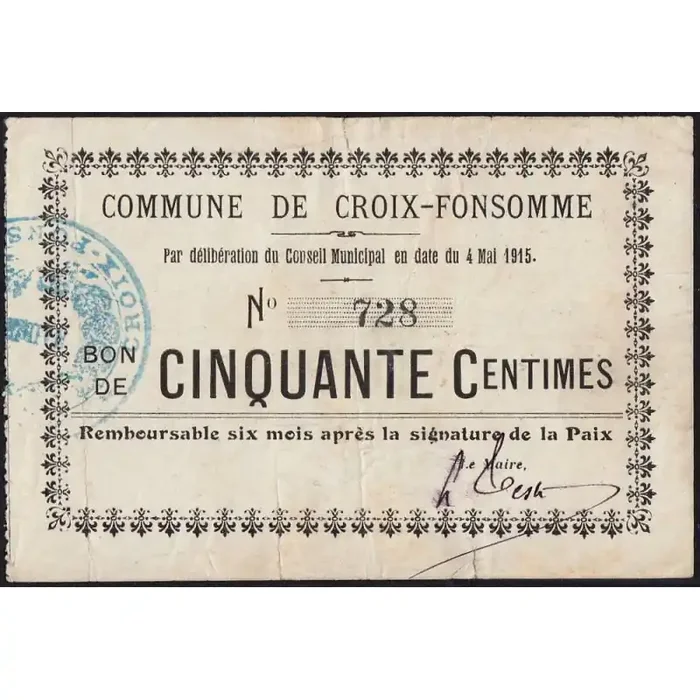 02 – Croix-Fonsomme – Commune – 50 centimes – 04/05/1915 – Etat TB+