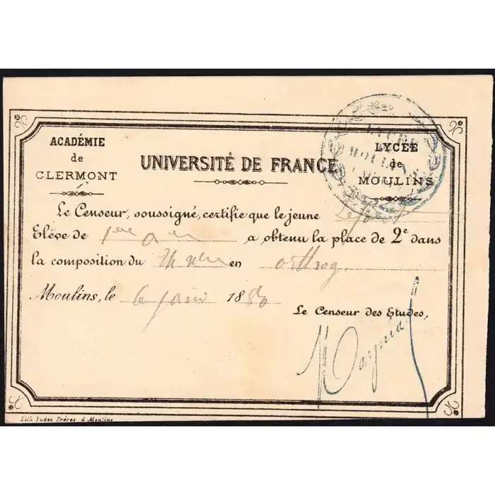 03 – Moulins – Lycée de Moulins – Carte de classement – 06/06/1880 – Etat SPL