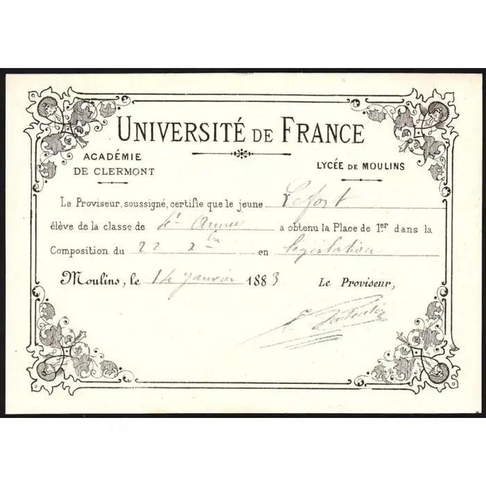 03 – Moulins – Lycée de Moulins – Carte de classement – 14/01/1883 – Etat SPL+