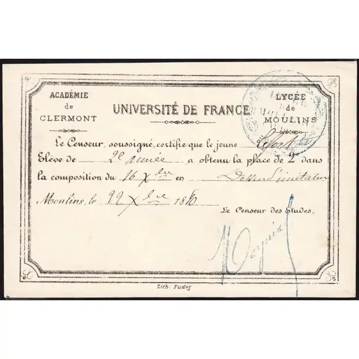 03 – Moulins – Lycée de Moulins – Carte de classement – 22/12/1880 – Etat SPL