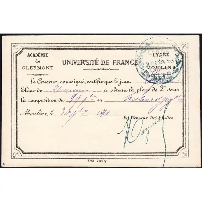 03 – Moulins – Lycée de Moulins – Carte de classement – 30/11/1880 – Etat SPL