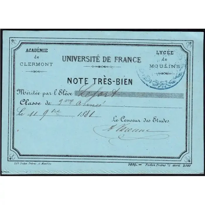 03 – Moulins – Lycée de Moulins – Carte de mérite – 11/11/1881 – Etat SPL