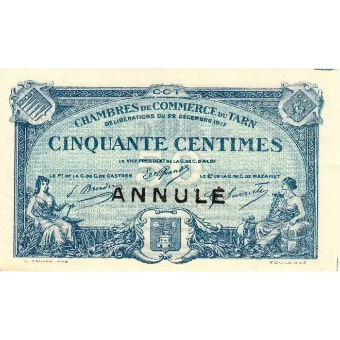 Albi, Castres, Mazamet (Tarn) – Pirot 5-10 – 50 centimes – 22/12/1917 – Annulé – Etat SUP+