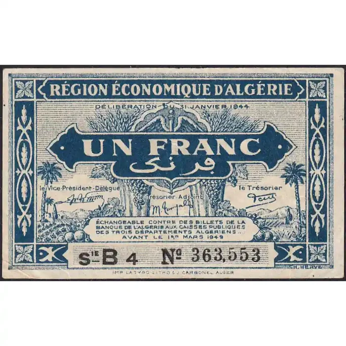 Algérie – Pick 98a – 1 franc – Série B4 – 31/01/1944 – Etat TTB