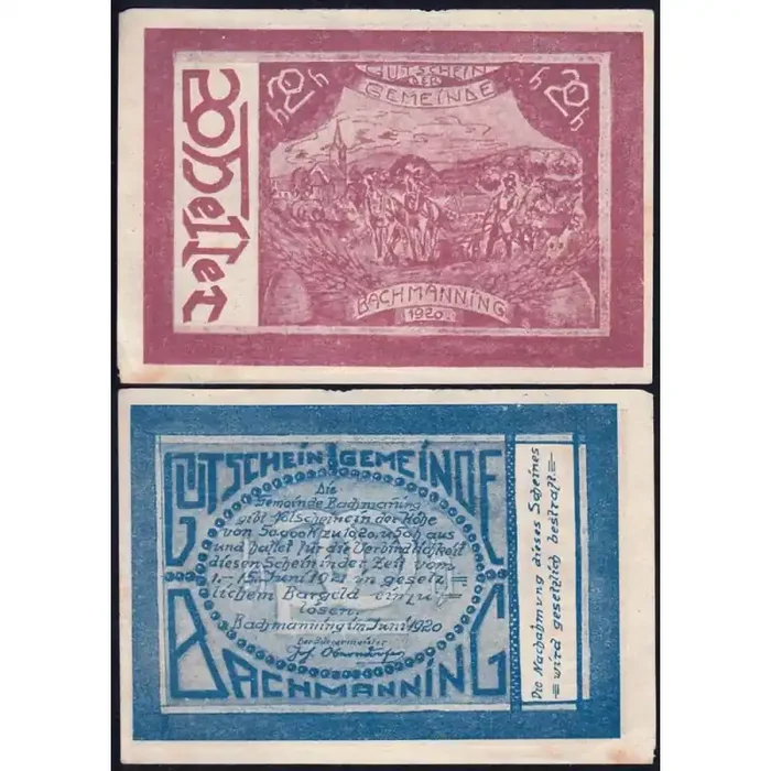 Autriche – Notgeld – Bachmanning – 20 heller – Type d – 06/1920 – Etat TTB+