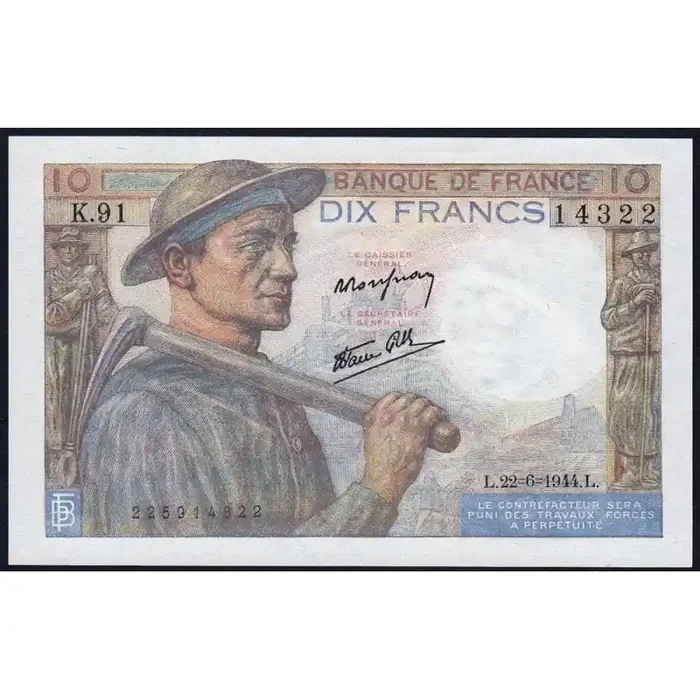 F 08-12 – 22/06/1944 – 10 francs – Mineur – Série K.91 – Etat pr.NEUF