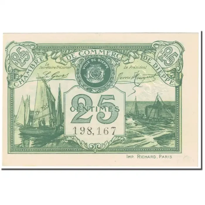 France, 25 Centimes, Dieppe 1920 – Undated (1920) – UNC(65-70)