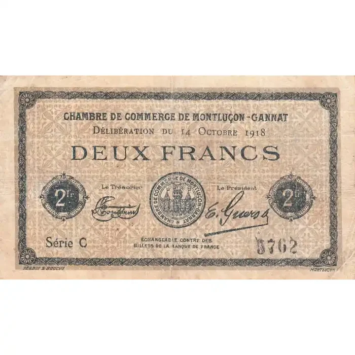 Montluçon-Gannat – Pirot 84-49 – 2 francs – Série C – 1918 – Etat TB-