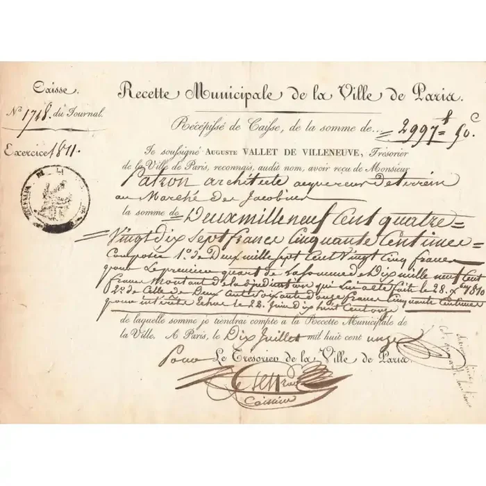 Paris – 1er empire – 1811 – Recette municipale – 2997 francs – Etat TTB+ à SUP
